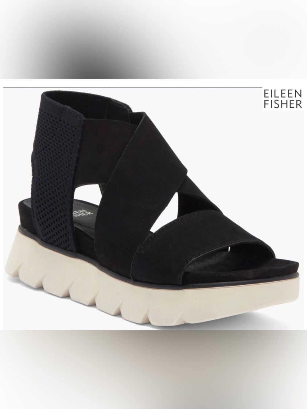 Eileen Fisher (MSRP:$198) Black Suede Crisscross Sandal Cream Platform Sole Sz 7